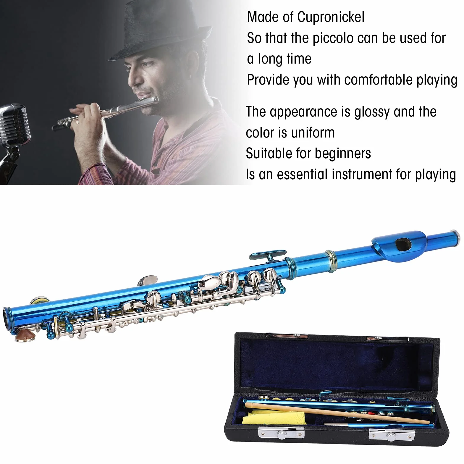 CHICIRIS Cuproníquel de Flauta Piccolo Azul, Instrumento para Principiantes de con Orificio de Sonido Dibujado con Precisión para una Calidad de Sonido Superior, Uso a Largo Plazo,