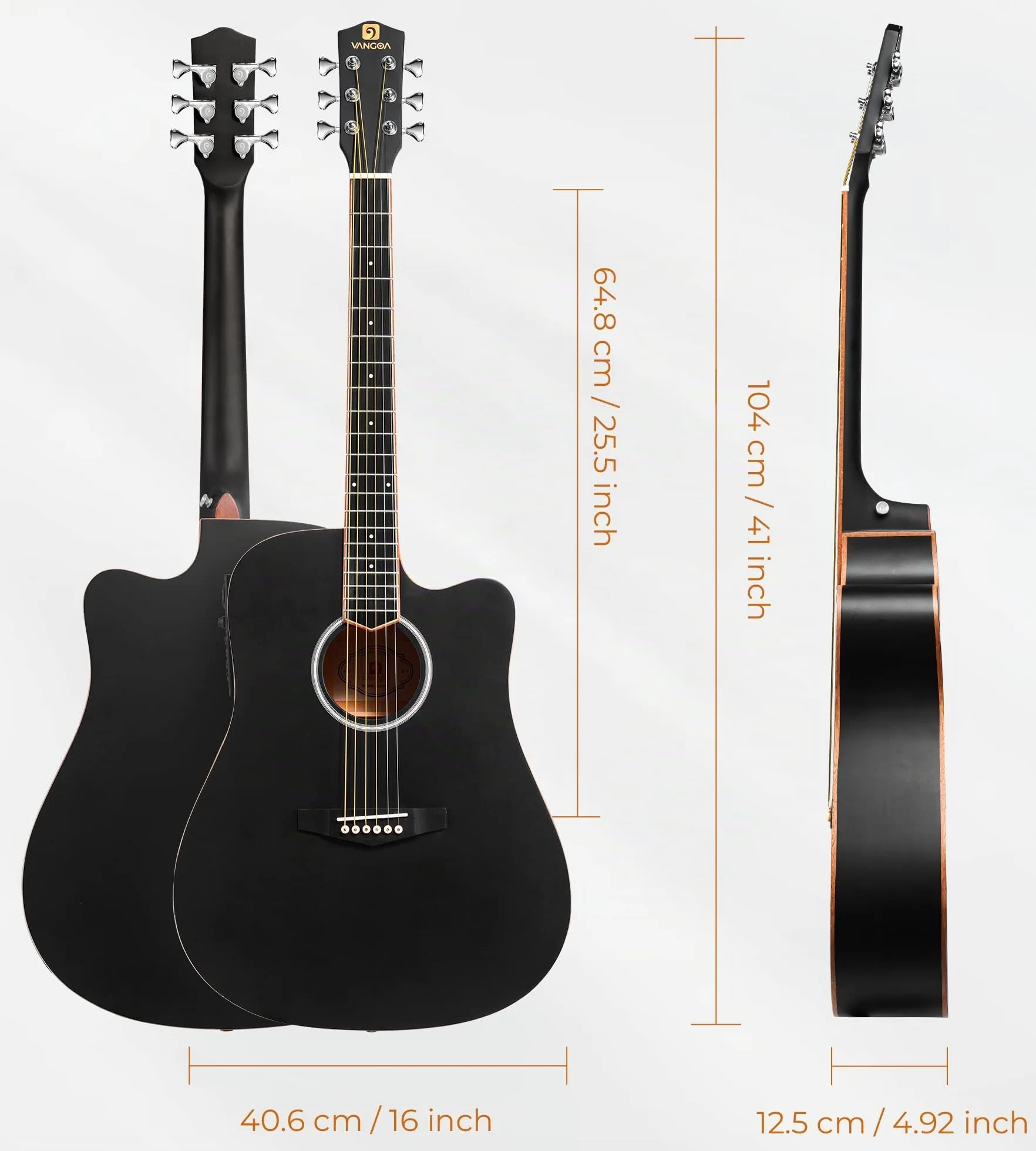 Vangoa 4/4 Guitarra Electroacústica 41 Pulgadas Cutaway Guitarras Acústicas con Cuerdas Metálicas, Ecualizador de 4 bandas, Kits Para Principiantes, Negro