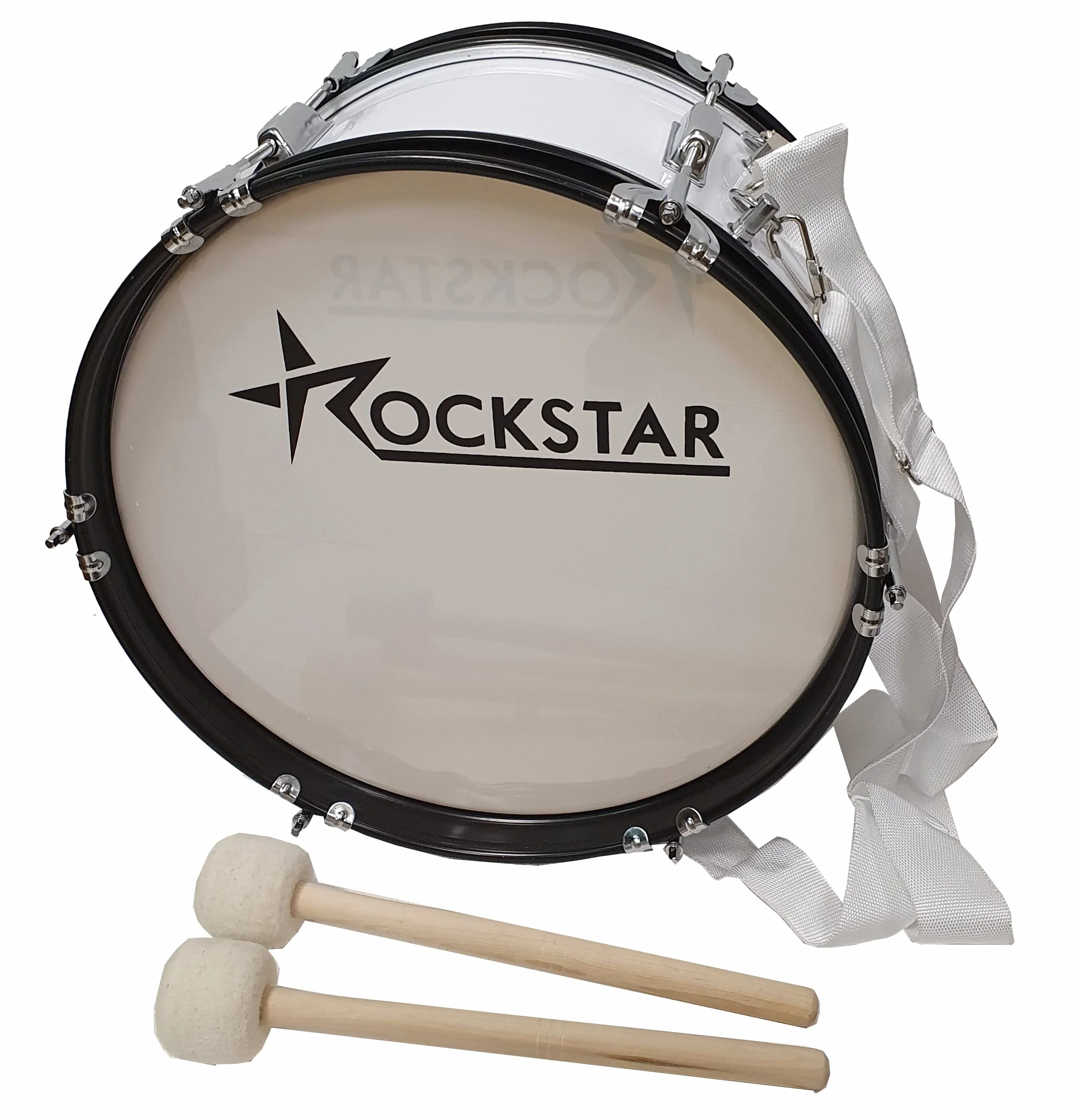 ROCKSTAR - Bombo Charanga Banda y Animación 16"x7" (41cm x 18cm) Maza y Correa Cruzada. Sonido Potente y Duradero