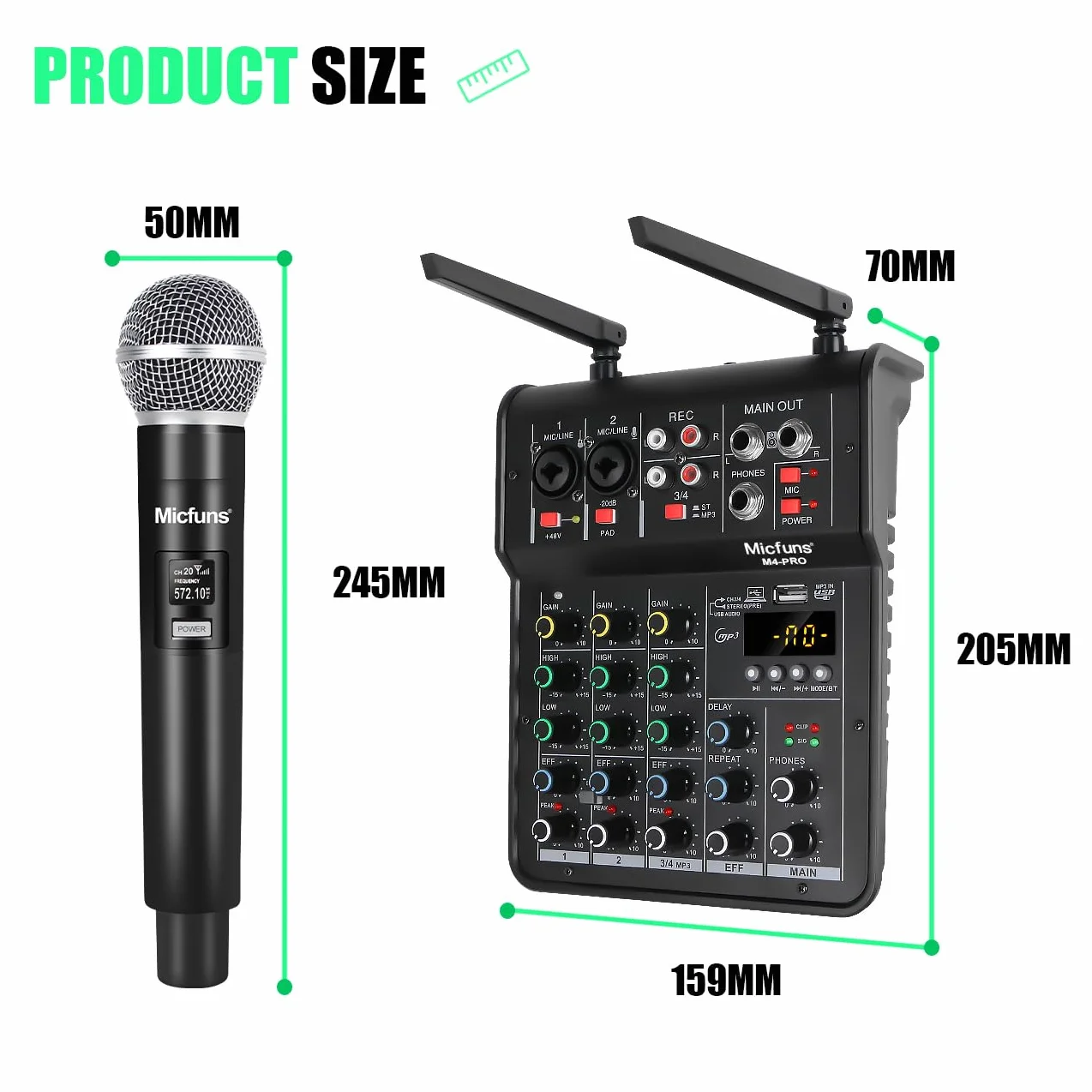 M4pro - Mezclador de audio, mezclador de 4 canales con micrófono inalámbrico dual, consola de placa de sonido, MP3, Bluetooth, 48 V, alimentación fantasma, USB, mezcla de DJ para el hogar,