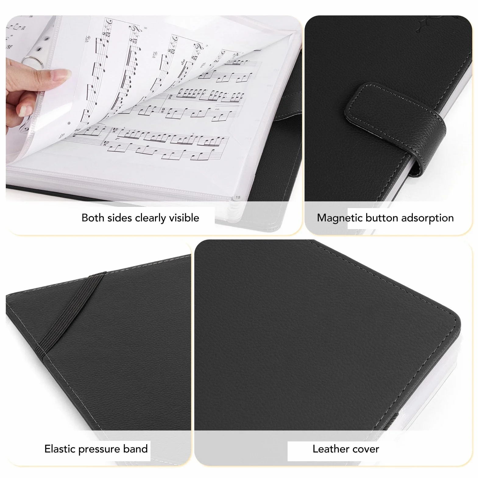 Carpeta de Partituras, 30 Bolsas, 60 Páginas, Cuero PU, Tamaño A4 Carta, con Banda Elástica; para Coro, Músicos, Estudiantes, Clases y Ensayos