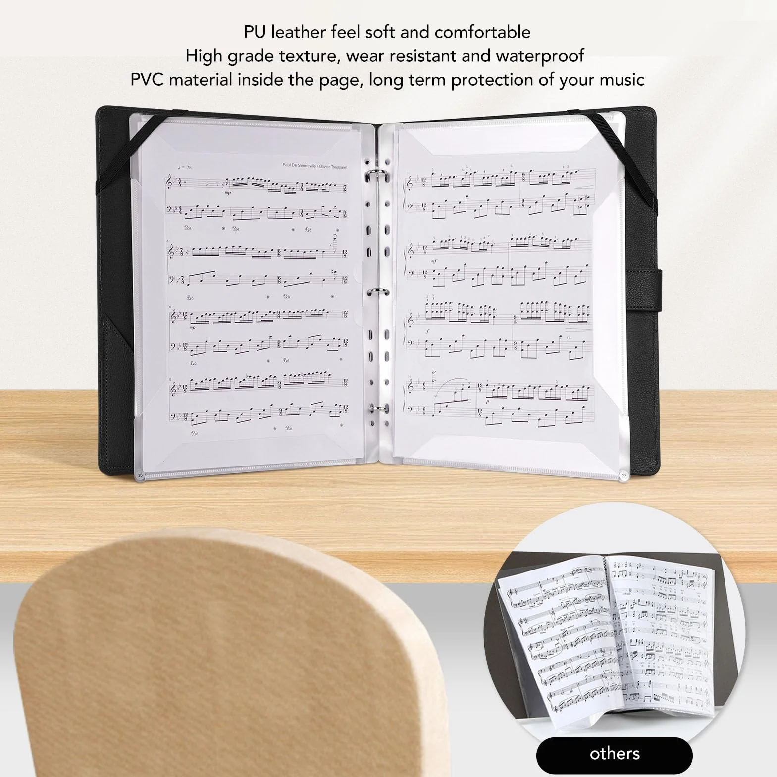 Carpeta de Partituras, 30 Bolsas, 60 Páginas, Cuero PU, Tamaño A4 Carta, con Banda Elástica; para Coro, Músicos, Estudiantes, Clases y Ensayos