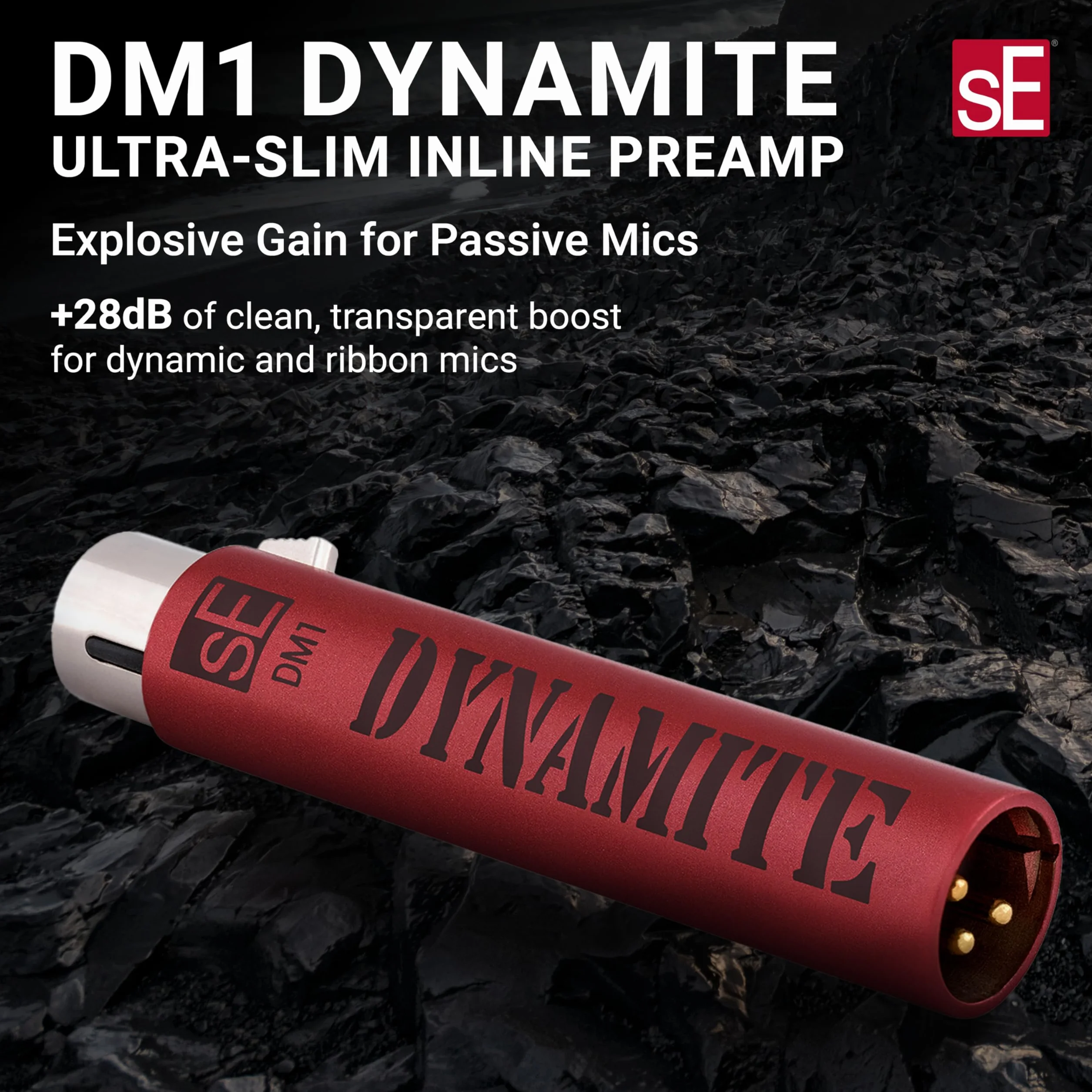 sE Electronics DM1 Dynamite - Preamplificador activo en línea de 1 canal, negro, preamplificador activo en línea para micrófonos pasivos dinámicos y de cinta con +28 dB de ganancia