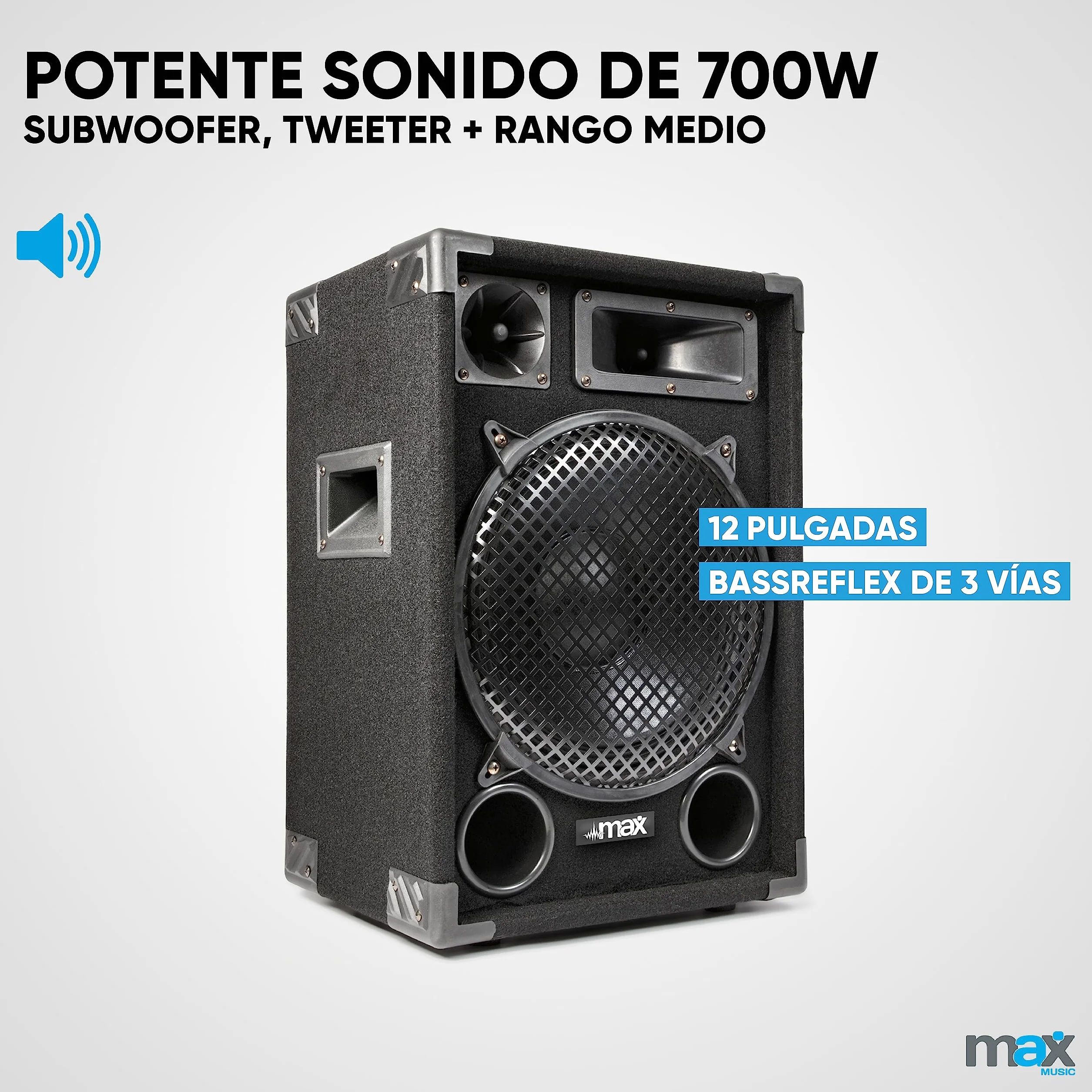 MAX MAX12 : Altavoz pasivo de 2 vías, 700 W con woofer de 12 Pulgadas, Fiestas, Incluye Asas, Altavoz pasivo para DJ o discomovil, Caja acústica Discoteca en Negro